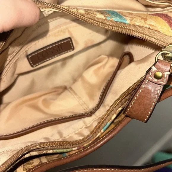 Fossil Shoulder Bag Brown Leather Monogram and Striped Canvas - Picture 12 of 15